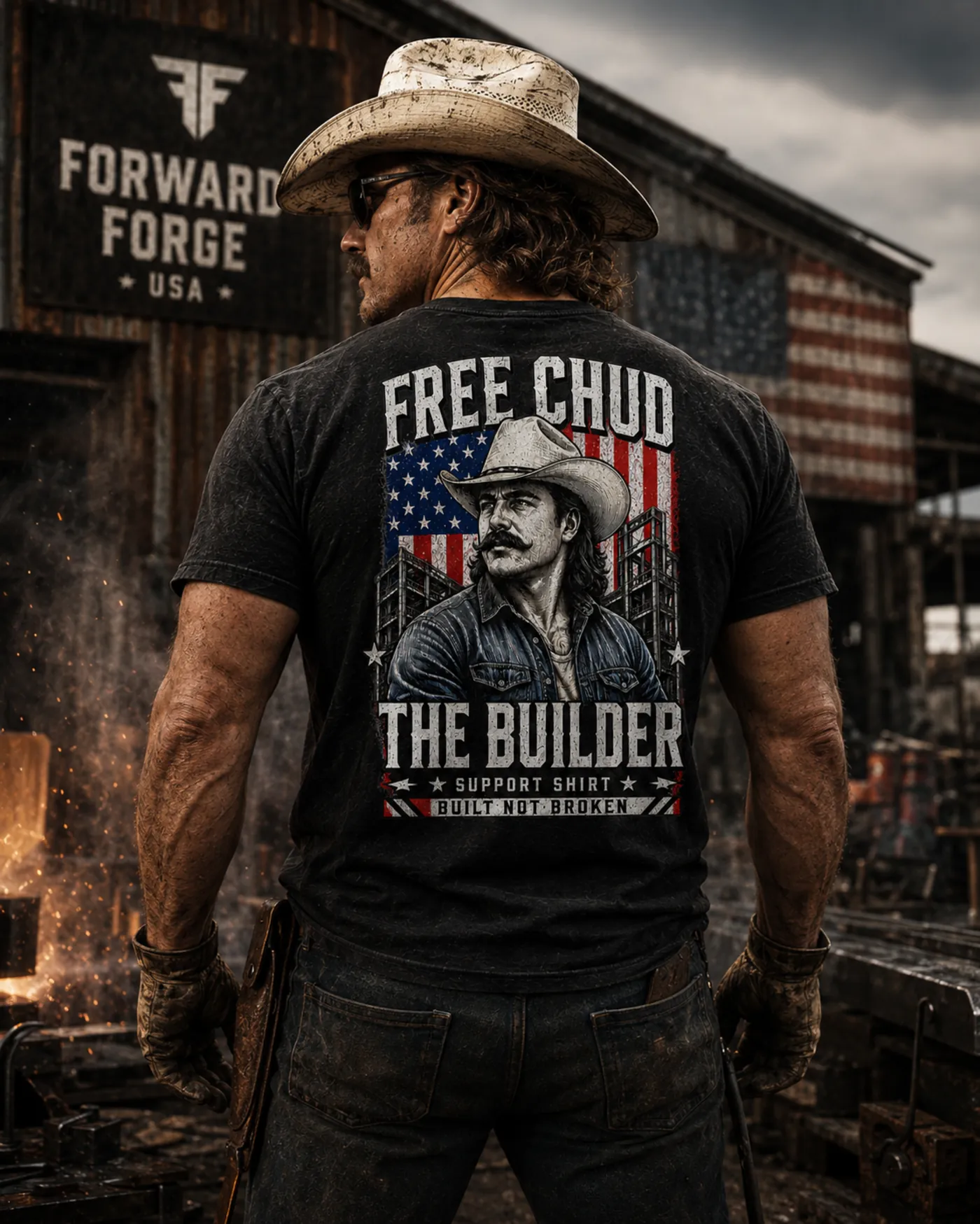 Free Chud The Builder support tee, back view showing the oversized cowboy graphic over a U.S. flag with the Built Not Broken banner.